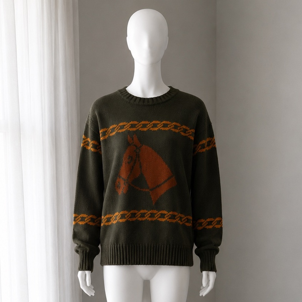 Vintage Equestrian Horse Chain link green PREPPY Crew neck Sweater MEDIUM